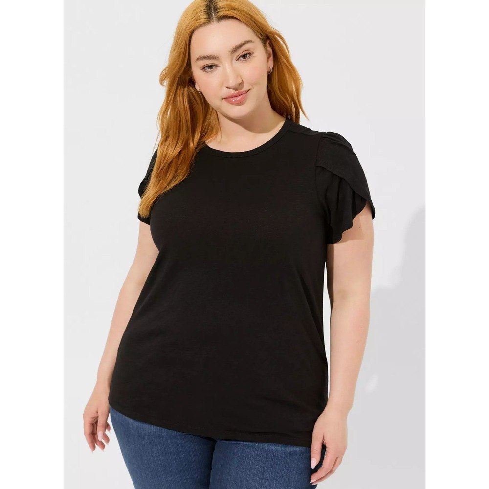 Torrid T-Shirt Womens 1X Tulip Sleeve Black Slub Jersey Cotton Crew Neck Tee